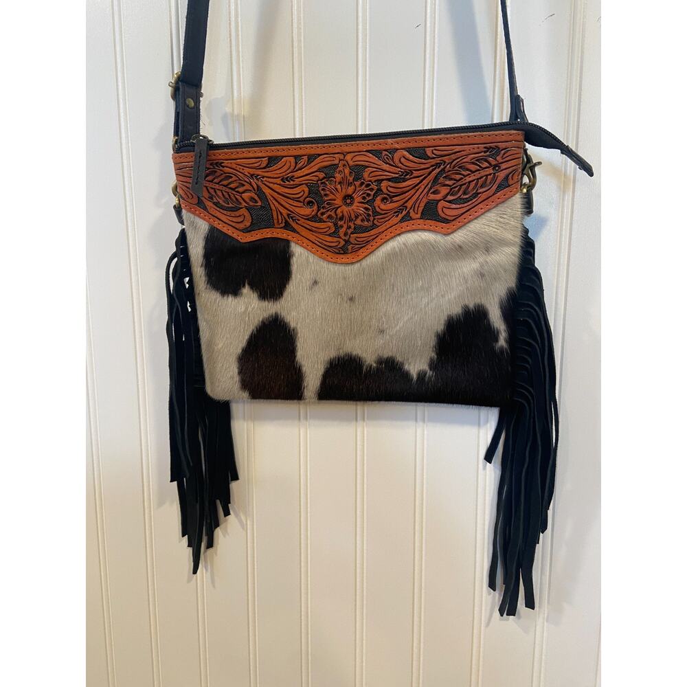 American Darling Cowhide Purse Western Fringe Hand Tooled Leather Purse Cowgirl